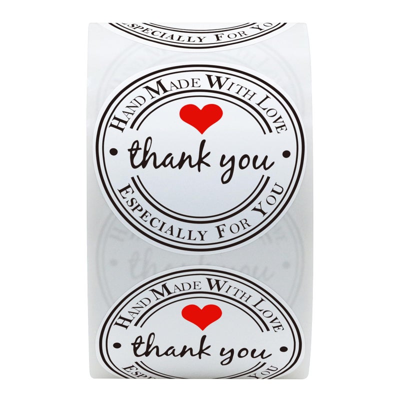 Hybsk White Gloss Thank You Hand Made with Love with Red Heart Stickers 1.5" Inch Round Total 500 Adhesive Labels Per Roll (White Gloss) - Image 2